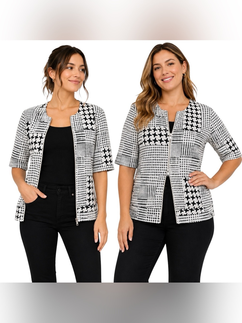 CAbi Black White Stretch Geometric Print Zip Front 3/4 Sleeve Pocket Jacket Top - Picture 1 of 13